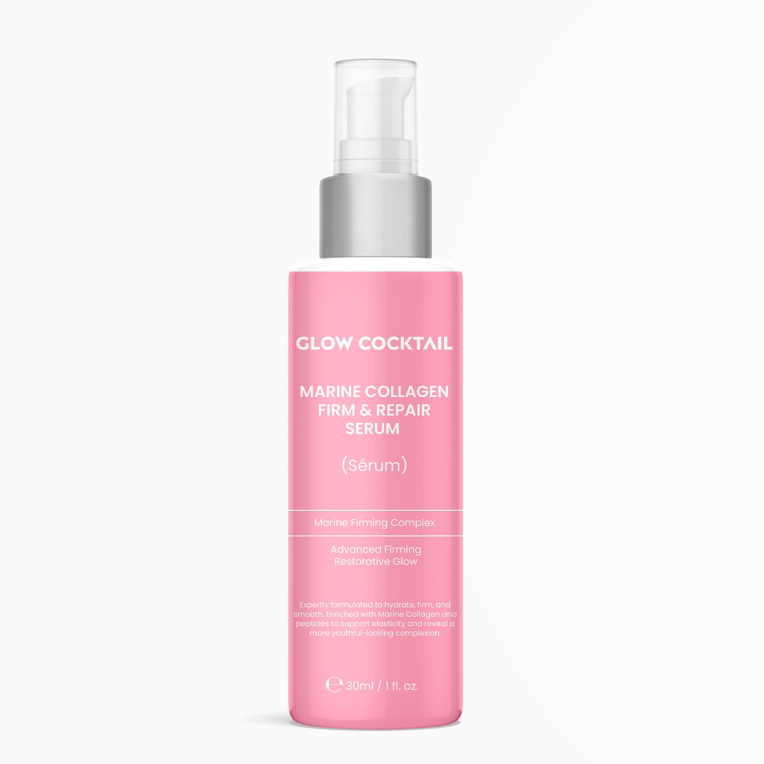 Flacon de sérum rose avec pompe argentée. Inscription : Glow Cocktail, Marine Collagen Firm & Repair Serum. Contient du texte sur les ingrédients.