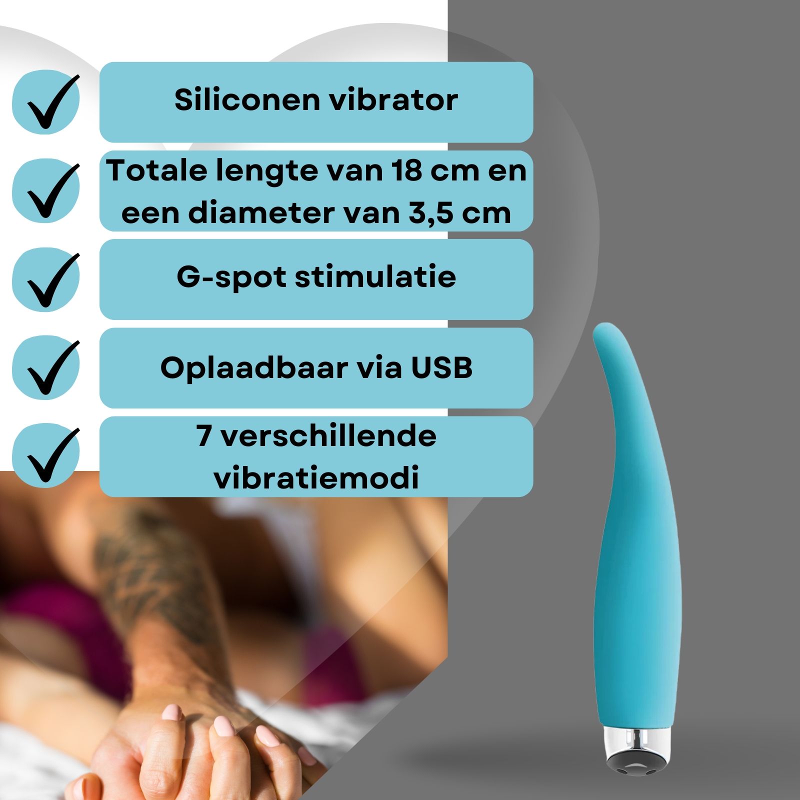 Blauwe vibrator. Tekst: Siliconen vibrator, 18cm lang, 3,5cm diameter, G-spot stimulatie, USB.