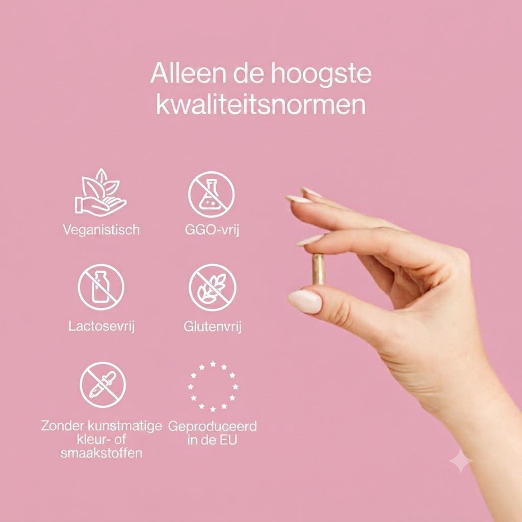 Een hand houdt een capsule vast. Iconen tonen veganistisch, GGO-vrij, lactosevrij, glutenvrij, zonder kunstmatige kleur- of smaakstoffen, geproduceerd in de EU.