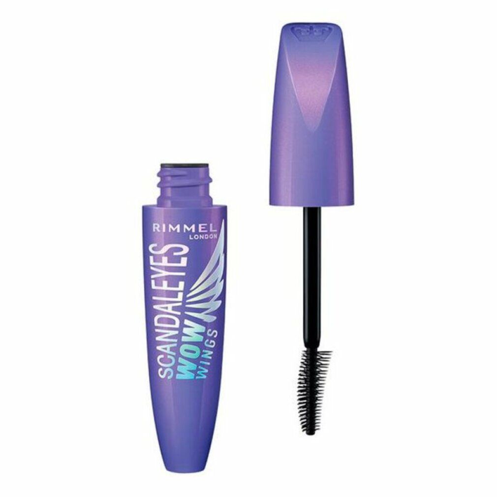 Open mascara tube met paarse dop en borstel. Tekst: Rimmel London Scandaleyes Wow Wings.