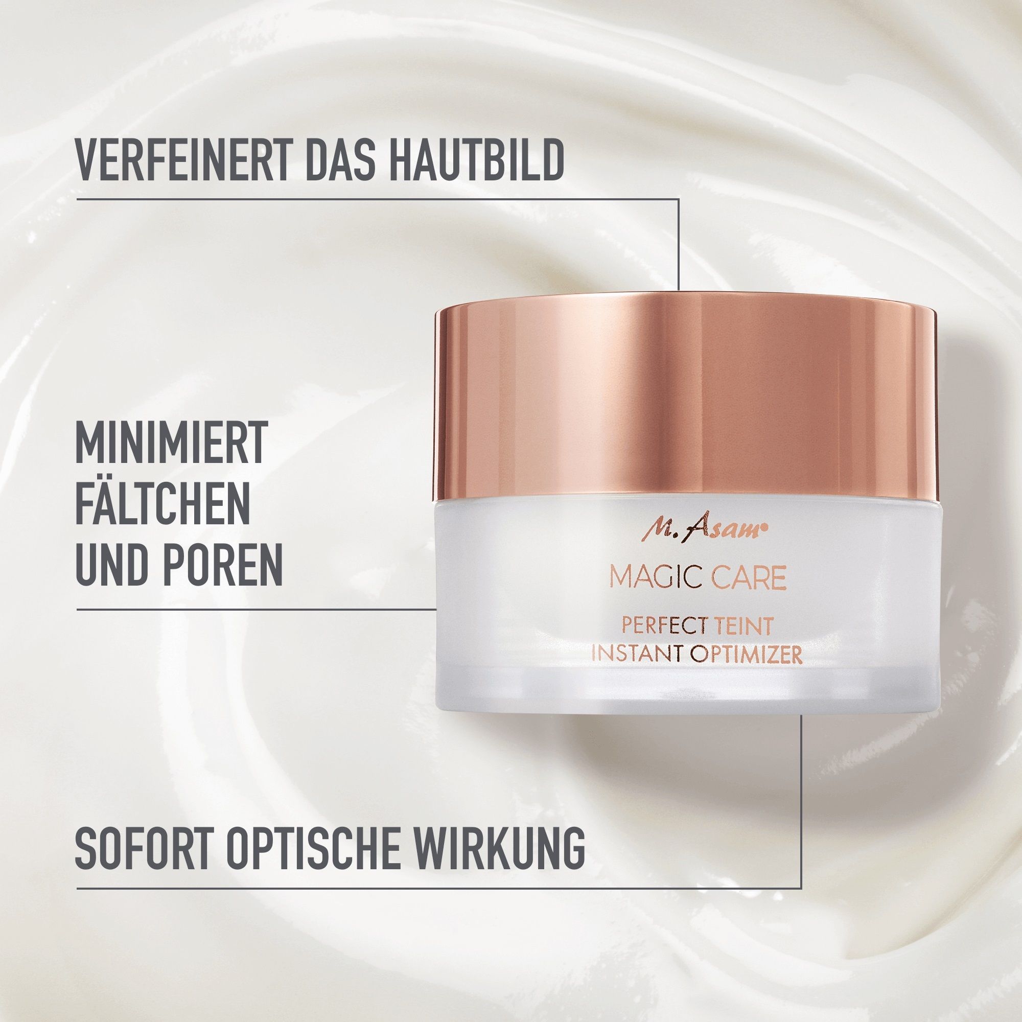 Crèmepot met tekst. Tekst: M. Asam MAGIC CARE PERFECT TEINT INSTANT OPTIMIZER. Pijlen: huid, rimpels, poriën.