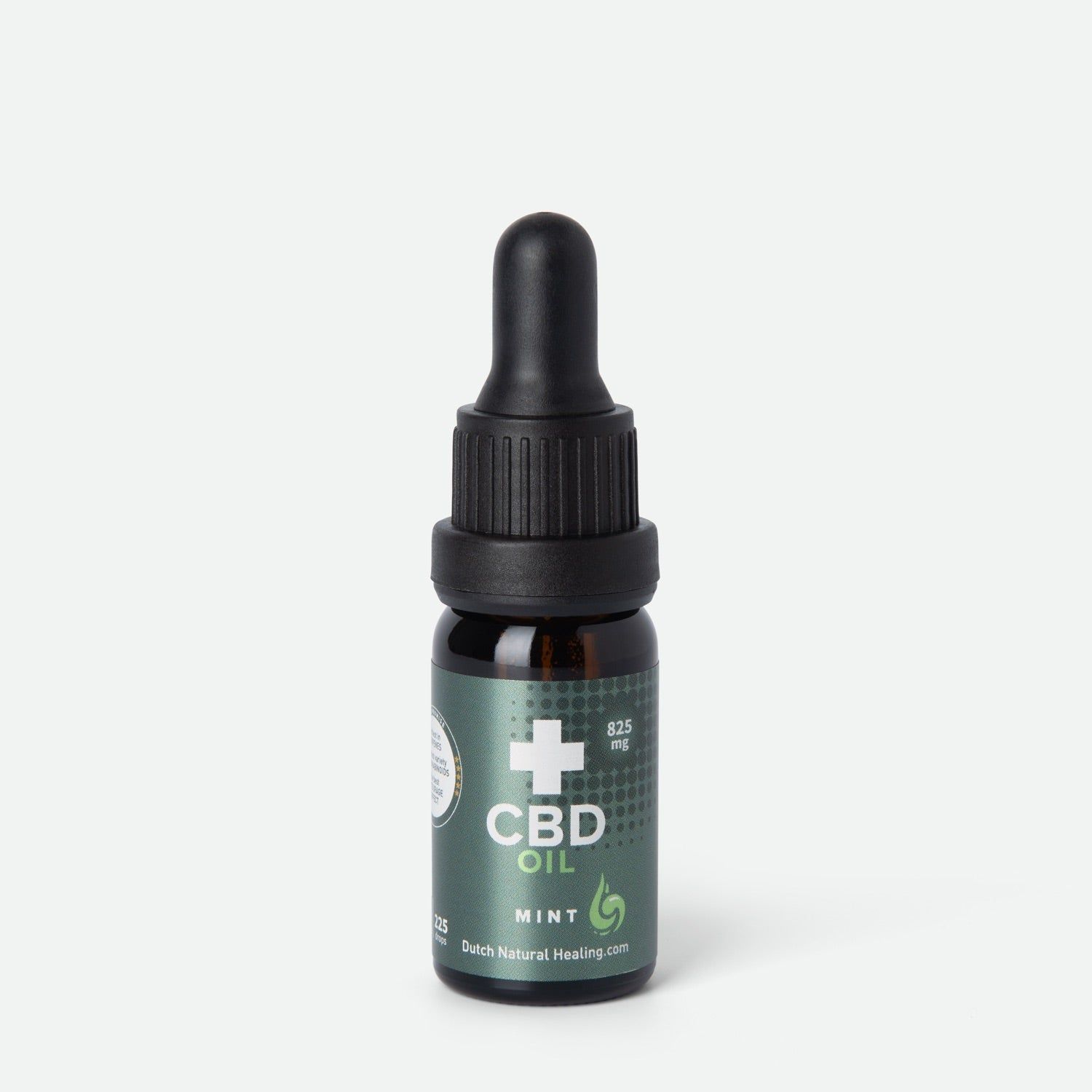 Bruine glazen fles met zwarte pipet. Label met wit kruis, "CBD OIL" en "MINT". Merk: Dutch Natural Healing.