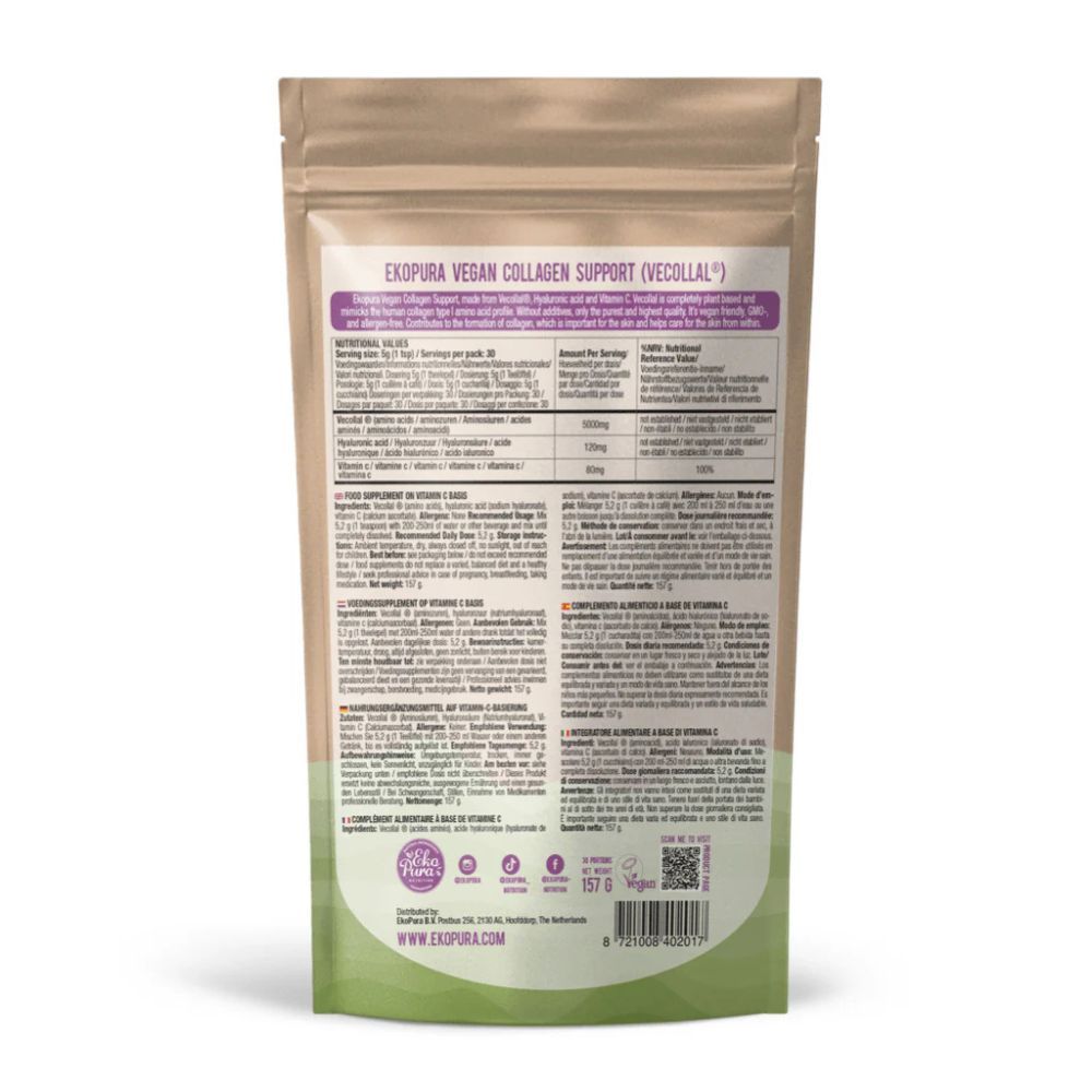 Achterkant van de zak met tekst. Bevat voedingsinformatie, ingrediënten en certificeringen. Achtergrond: wit.