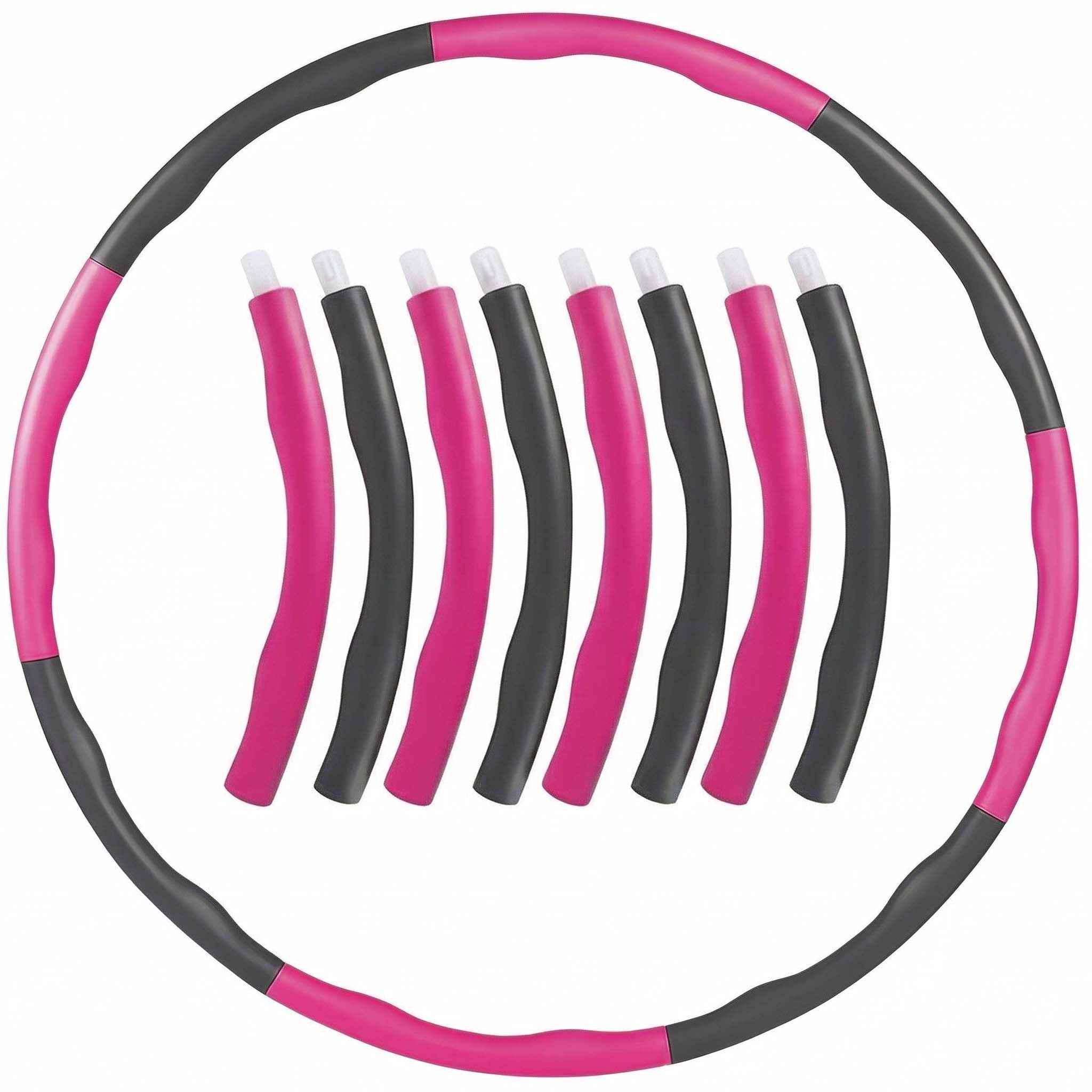 Hula-hoepel gedemonteerd, zwart-roze segmenten. Afzonderlijke onderdelen voor montage. Acht segmenten in een cirkel gerangschikt.