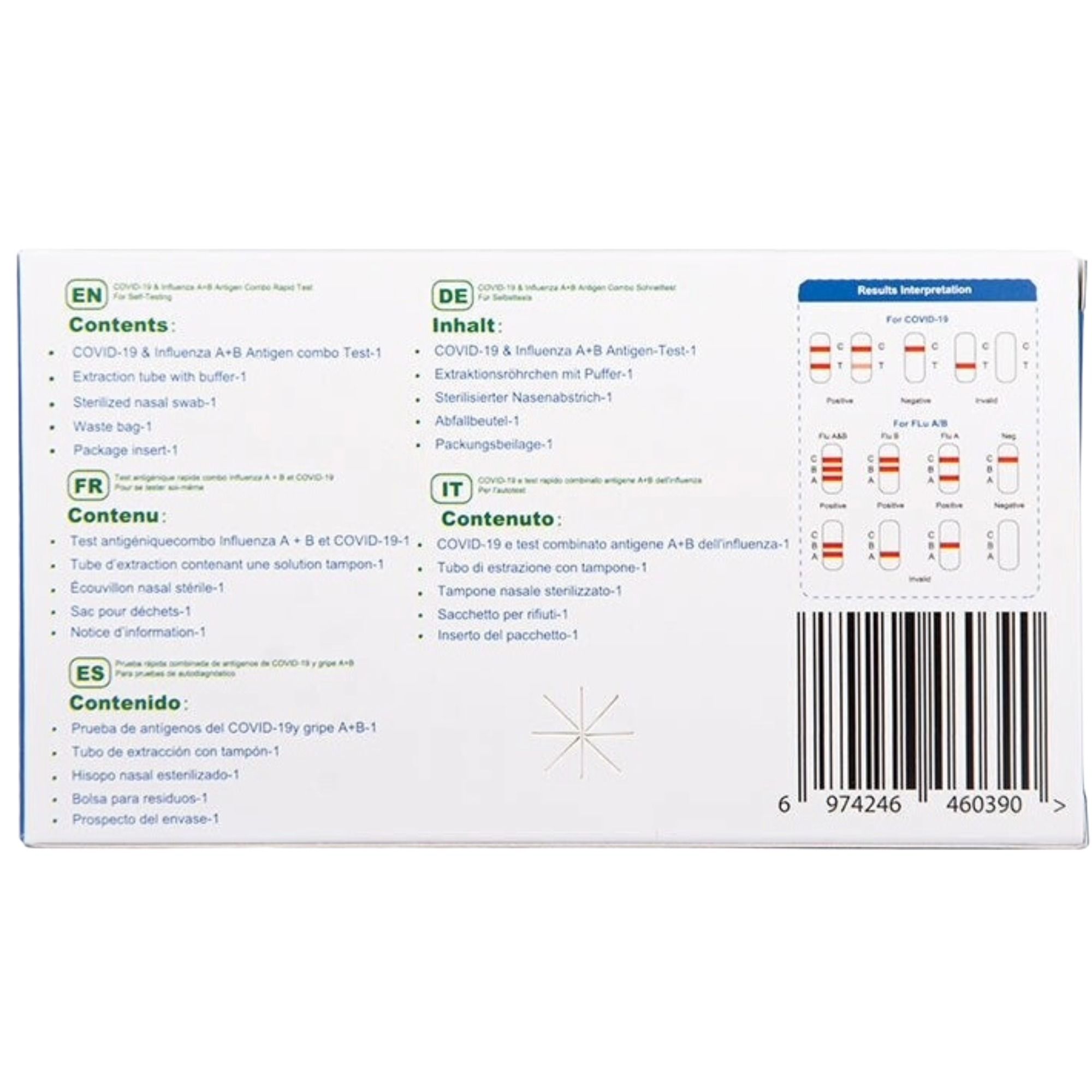 Achterkant van de Safecare Bio-Tech COVID-19 & Influenza A+B Antigen Combo Rapid Test doos met inhoud en resultateninterpretatie.