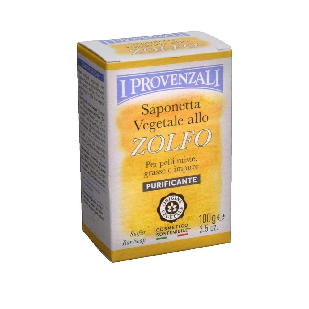 Savon jaune en boîte. Texte: Zolfo, purificante, 100g, Cosmetico Sostenibile. Pour peaux mixtes.
