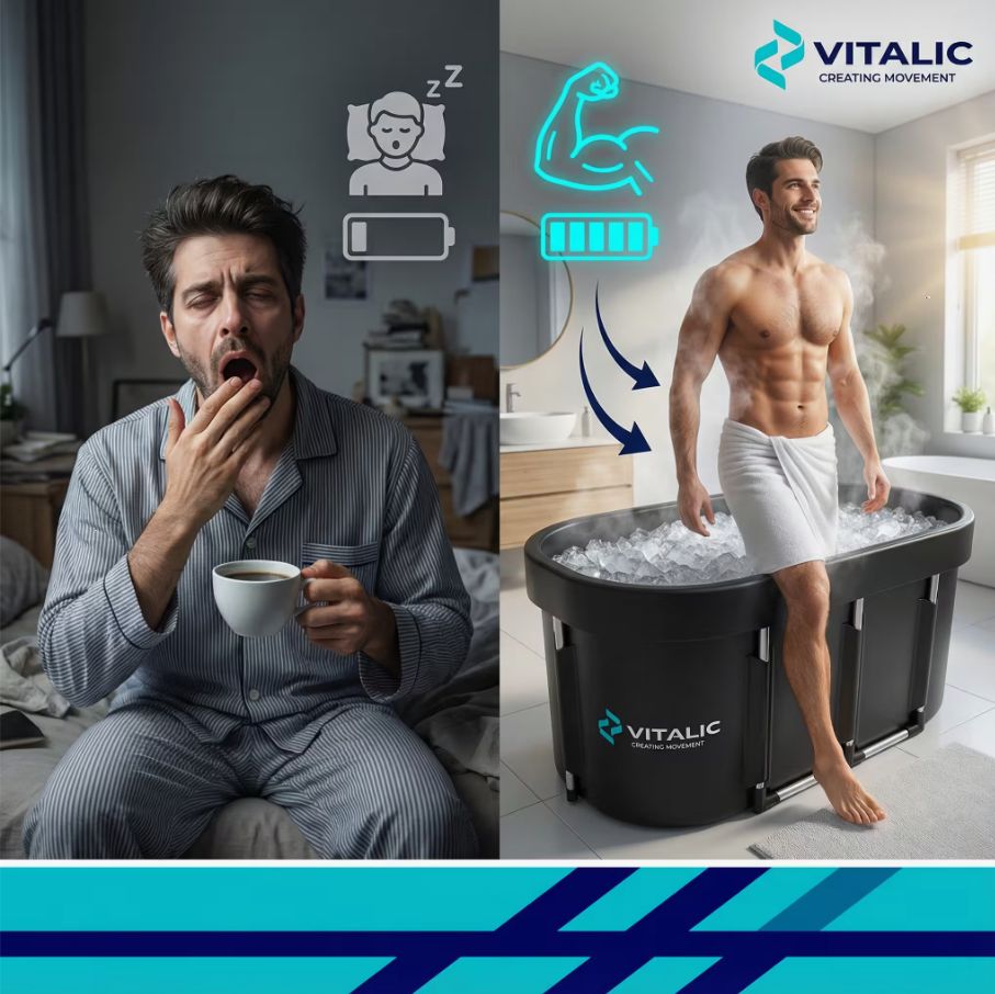 Twee afbeeldingen: vermoeide man en man in ijsbad. VITALIC-logo. Symbolen voor slaap en energie.