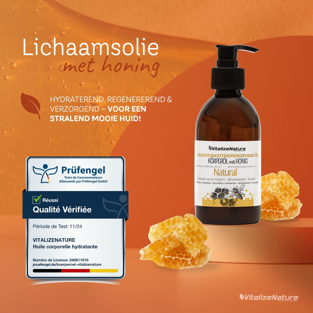 Zes cirkels met ingrediënten: honing, amandelen, druiven, avocado, zonnebloem, vitamine E.