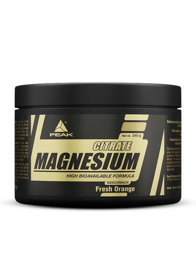 Zwarte pot met goudkleurig etiket. Opschrift: PEAK Magnesium Citraat, Fresh Orange. Netto gewicht: 240 g.