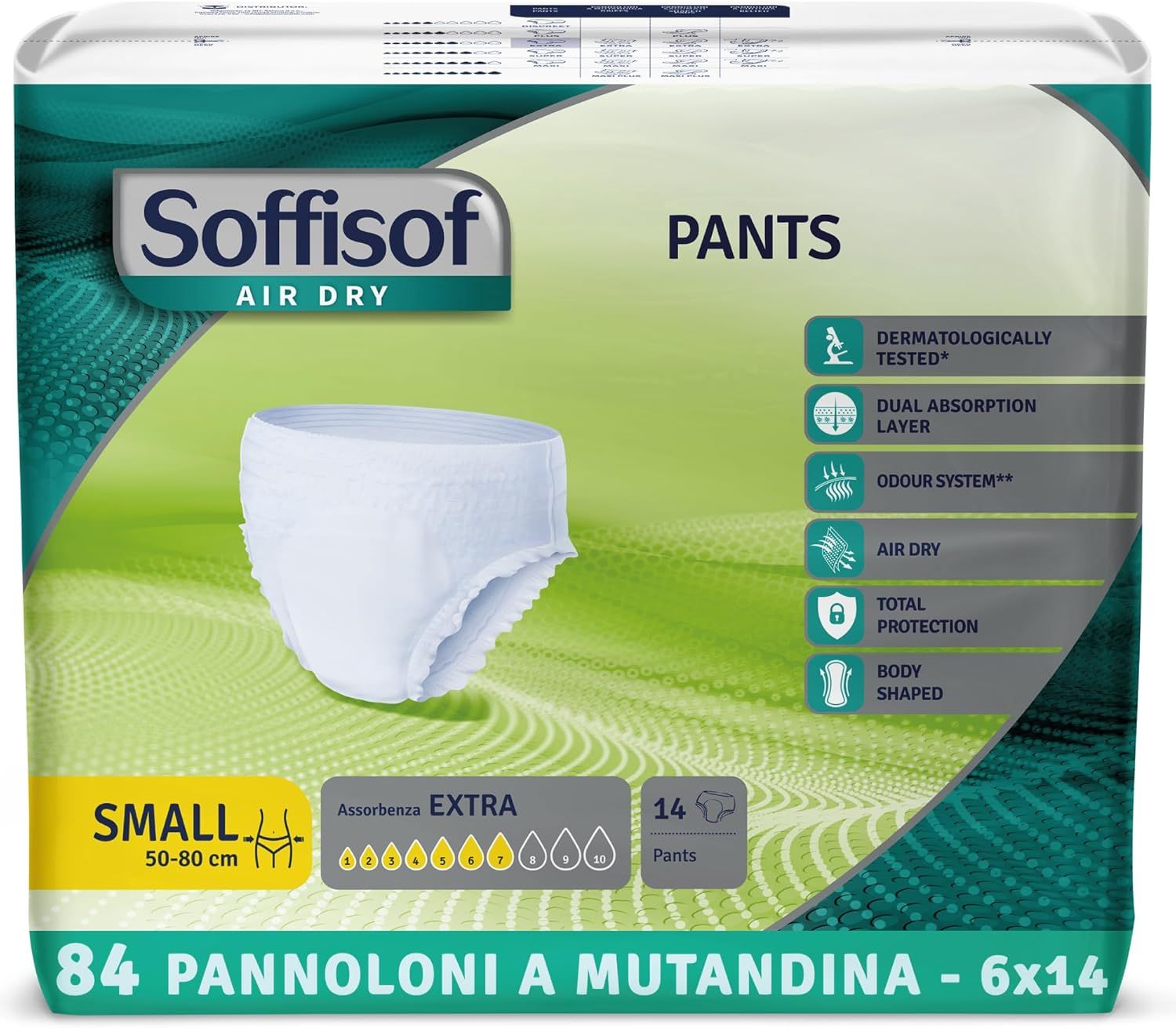 Paquet de Soffisof Pants Extra, taille Small, 14 pièces. Caractéristiques : testé dermatologiquement, double couche absorbante, système anti-odeurs.