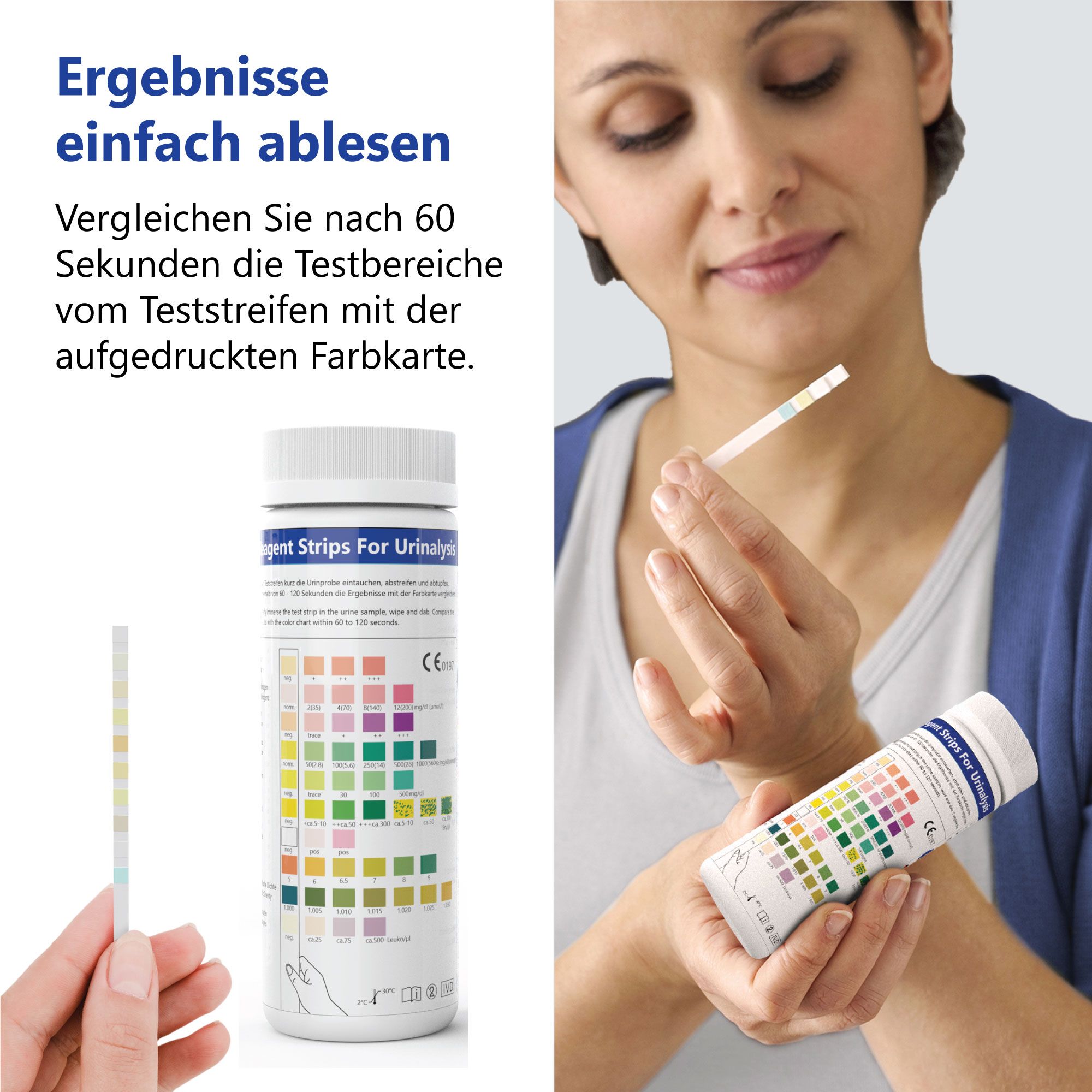 Vrouw houdt teststrip en flesje vast. Opschrift: Reagent Strips For Urinalysis. Kleurenschaal. Vergelijking resultaten na 60 seconden.