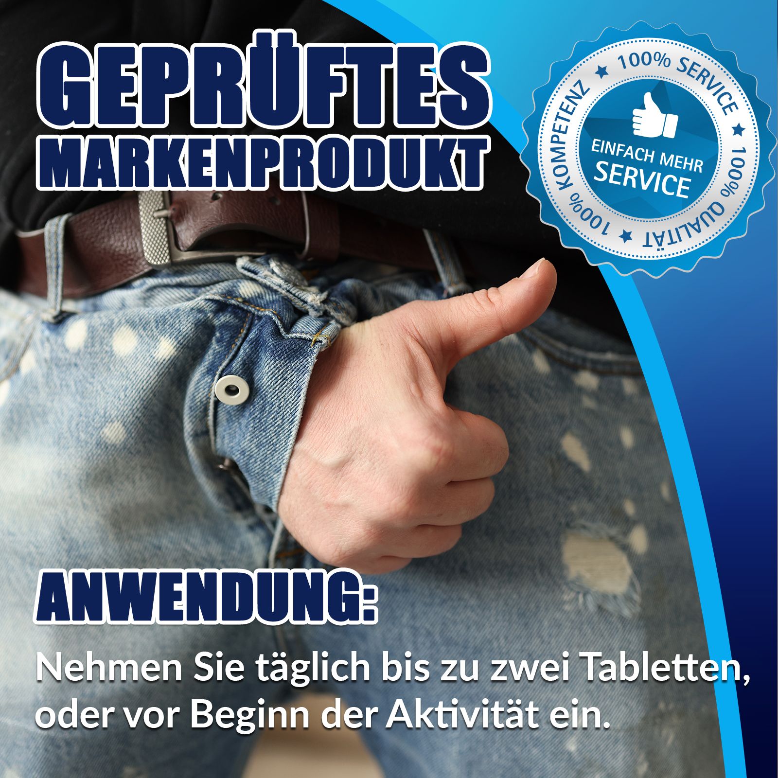 Personne montrant le pouce levé. Texte: Produit de marque testé. Utilisation: Prendre jusqu'à deux comprimés par jour, ou avant l'activité.