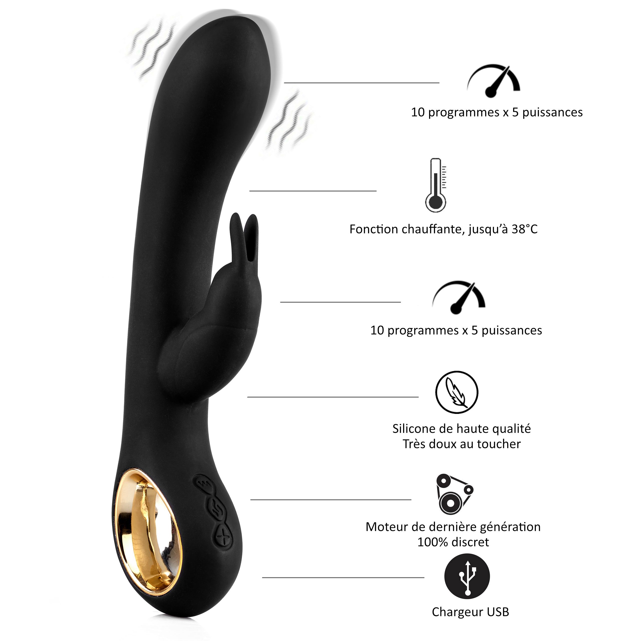 Vibrateur Rabbit noir avec fonction chauffante, 10 programmes, 5 intensités, silicone, USB.