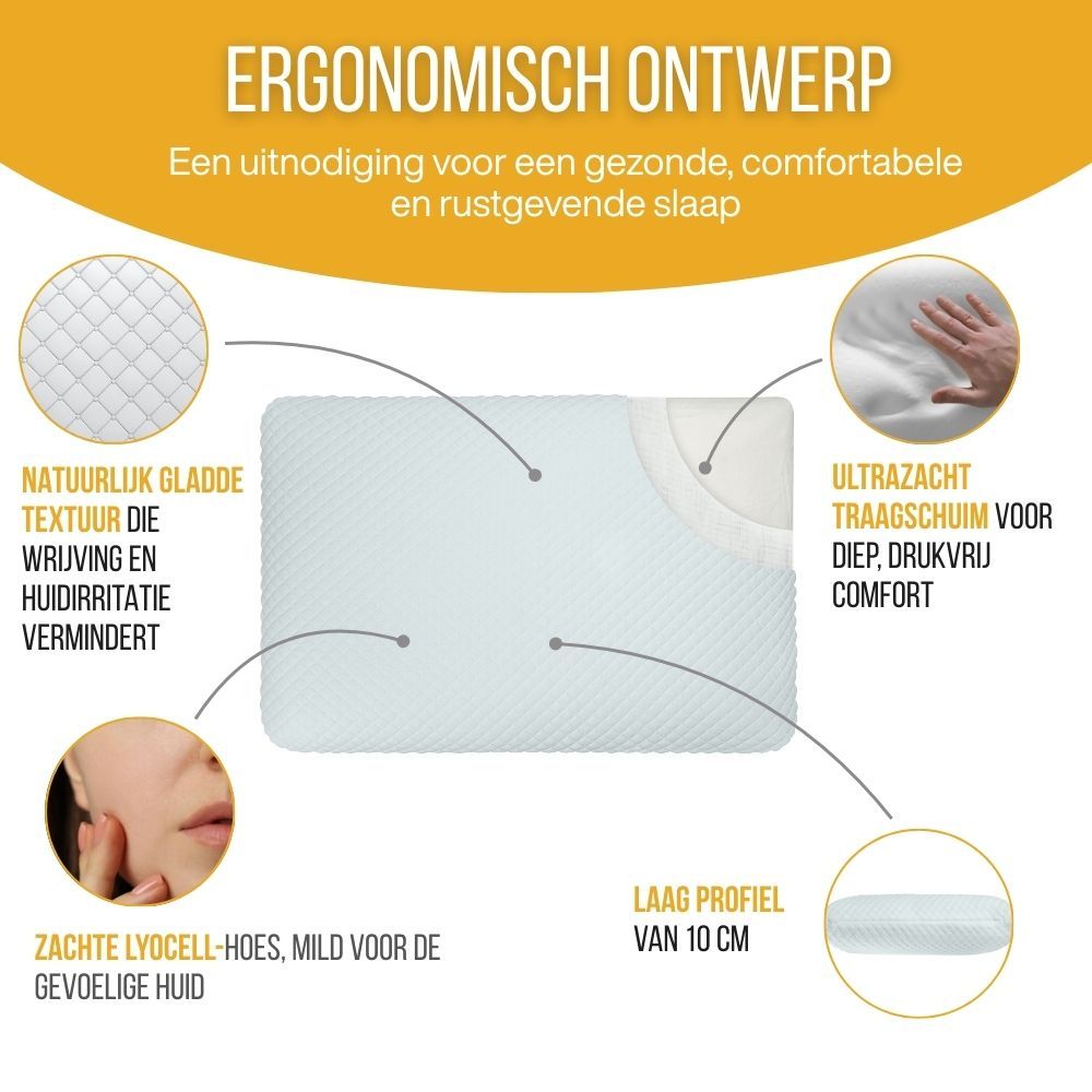 Ergonomisch kussen. Textuur, vermindert wrijving. Lyocell-hoes voor gevoelige huid. 10 cm profiel.