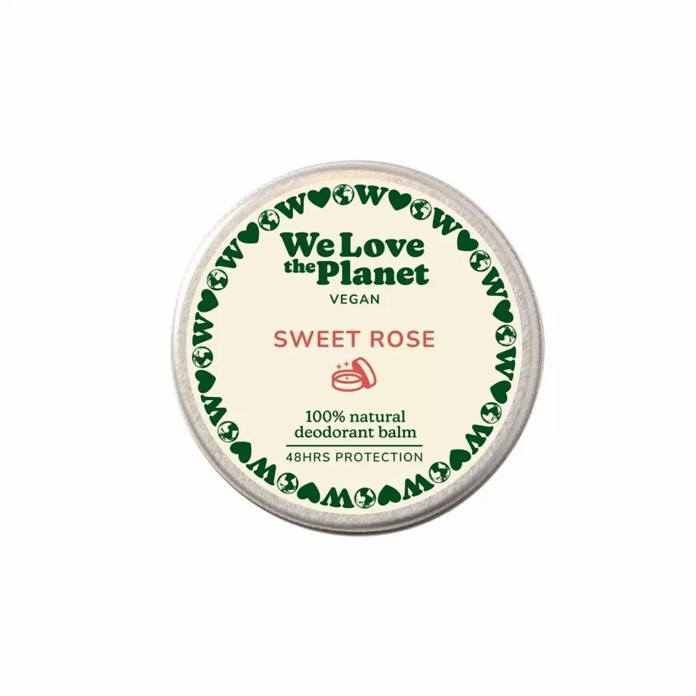 Ronde verpakking met tekst "We Love the Planet". Tekst: "Sweet Rose", "100% natural deodorant balm", "48HRS PROTECTION". Vegan.
