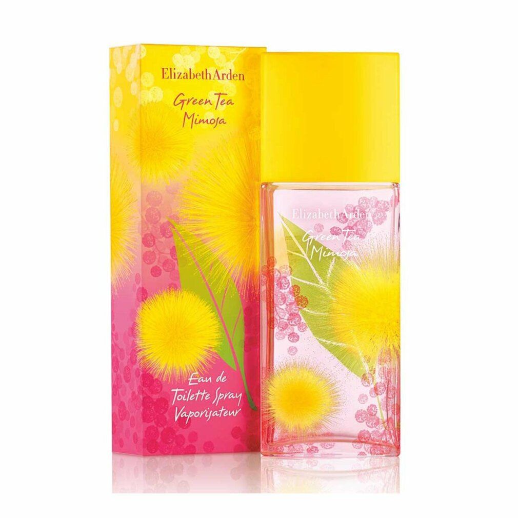 Flacon et emballage. Flacon rectangulaire avec bouchon jaune. Emballage avec motif floral et texte.