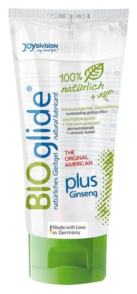 Transparante tube met groene dop. Opschrift: BIOglide, Ginseng, 100% natuurlijk + vegan. Natuurlijke glijmiddel.