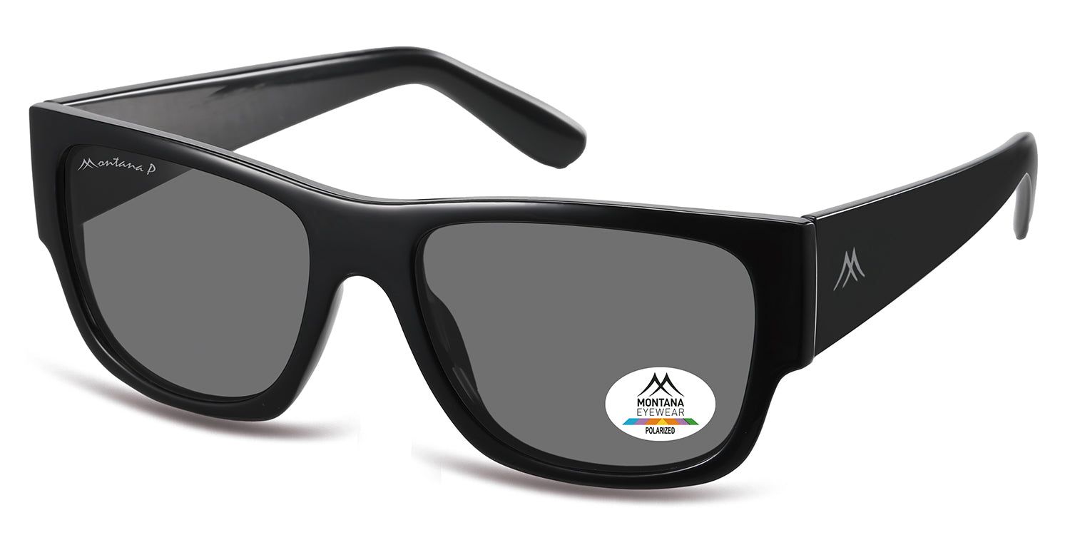 Lunettes de soleil noires avec verres gris. Logo Montana Eyewear et autocollant Polarized. Vue en biais.