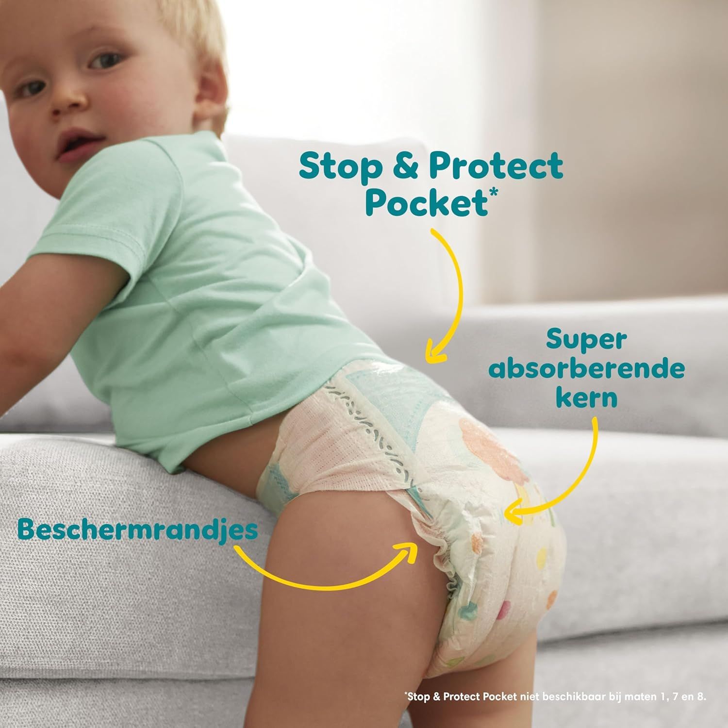 Pampers Baby-Dry luier met "Stop & Protect Pocket", "Super absorberende kern", "Beschermrandjes".