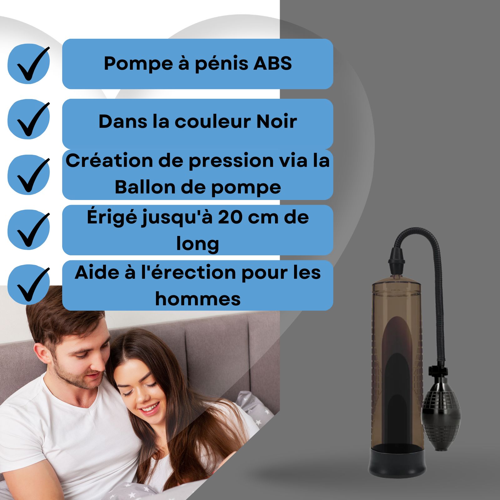 Pompe à pénis, noire. Poire. Couple au lit. Texte : Aide à l'érection pour hommes.
