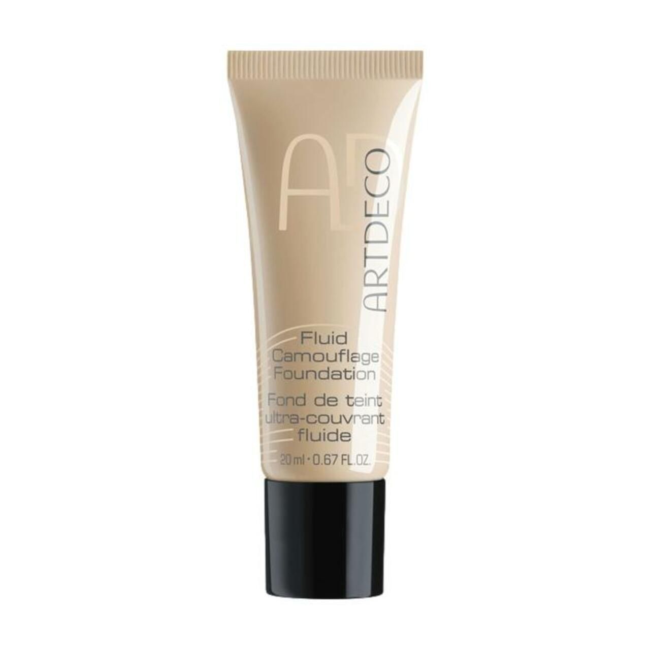 Beige tube met zwarte dop. Artdeco Fluid Camouflage Foundation. Tekst: Fond de teint ultra-couvrant fluide. 20ml - 0.67 FL.OZ.