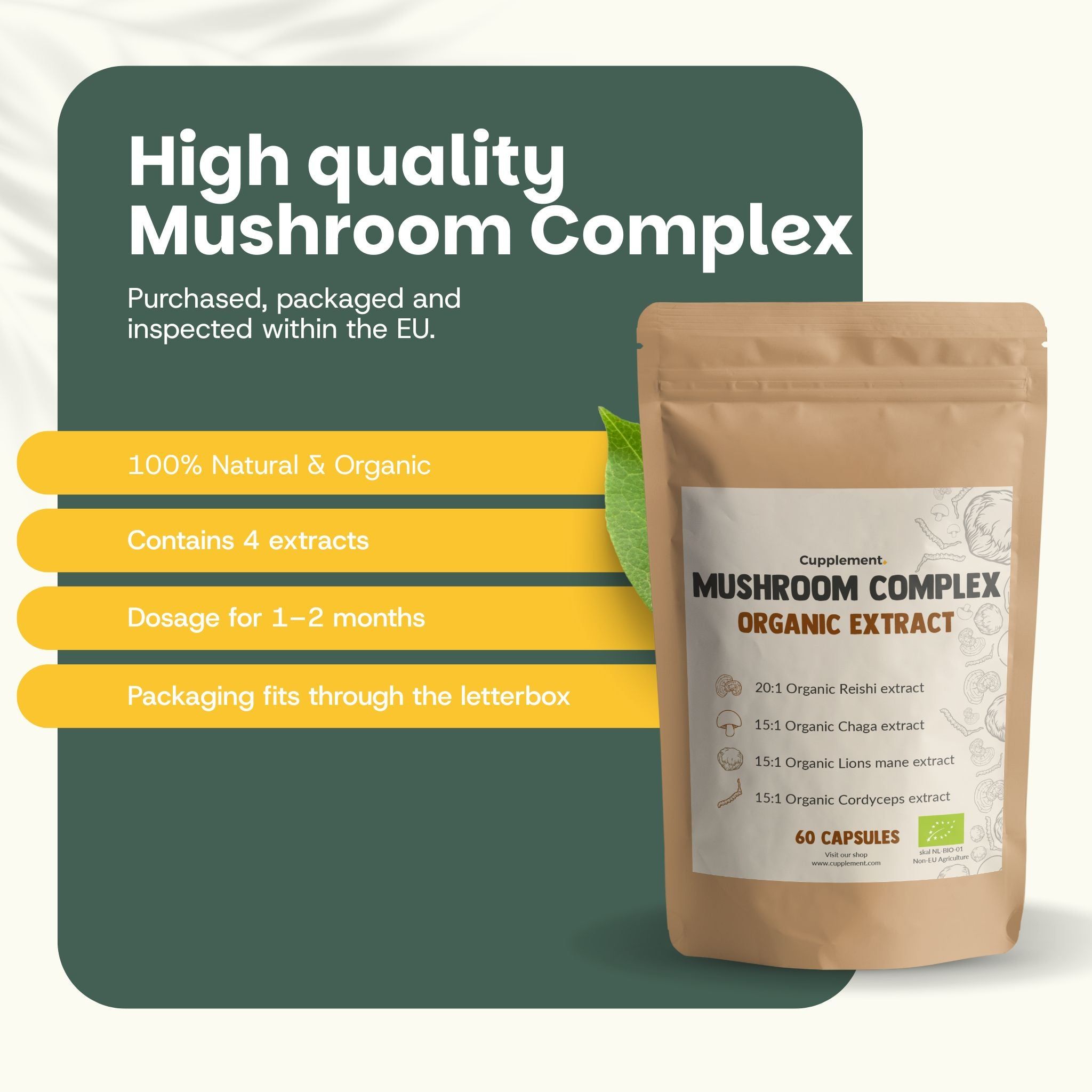 Sachet de gélules. Inscription : MUSHROOM COMPLEX ORGANIC EXTRACT. 60 gélules. Avec label bio. Texte : Mushroom Complex de haute qualité.