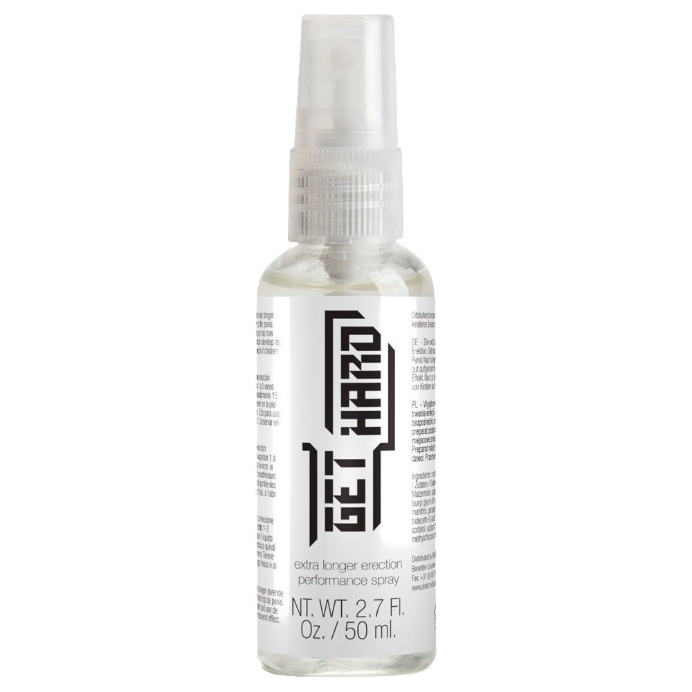Transparante sprayfles met wit etiket. Opschrift GET HARD. Bevat 50 ml. Extra longer erection performance spray.