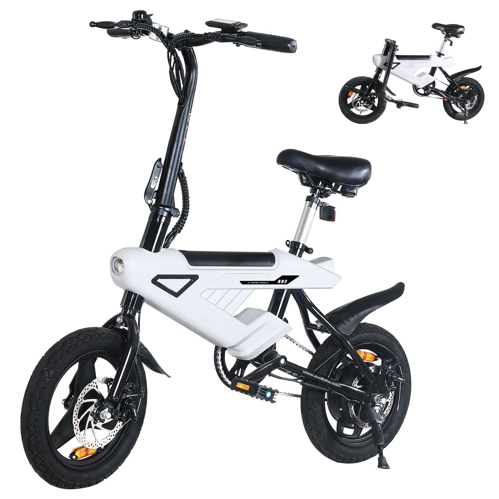 Vélo électrique pliable A02, blanc et noir. Roues de 14 pouces, selle noire, garde-boue. Freins à disque. Seconde image plus petite.