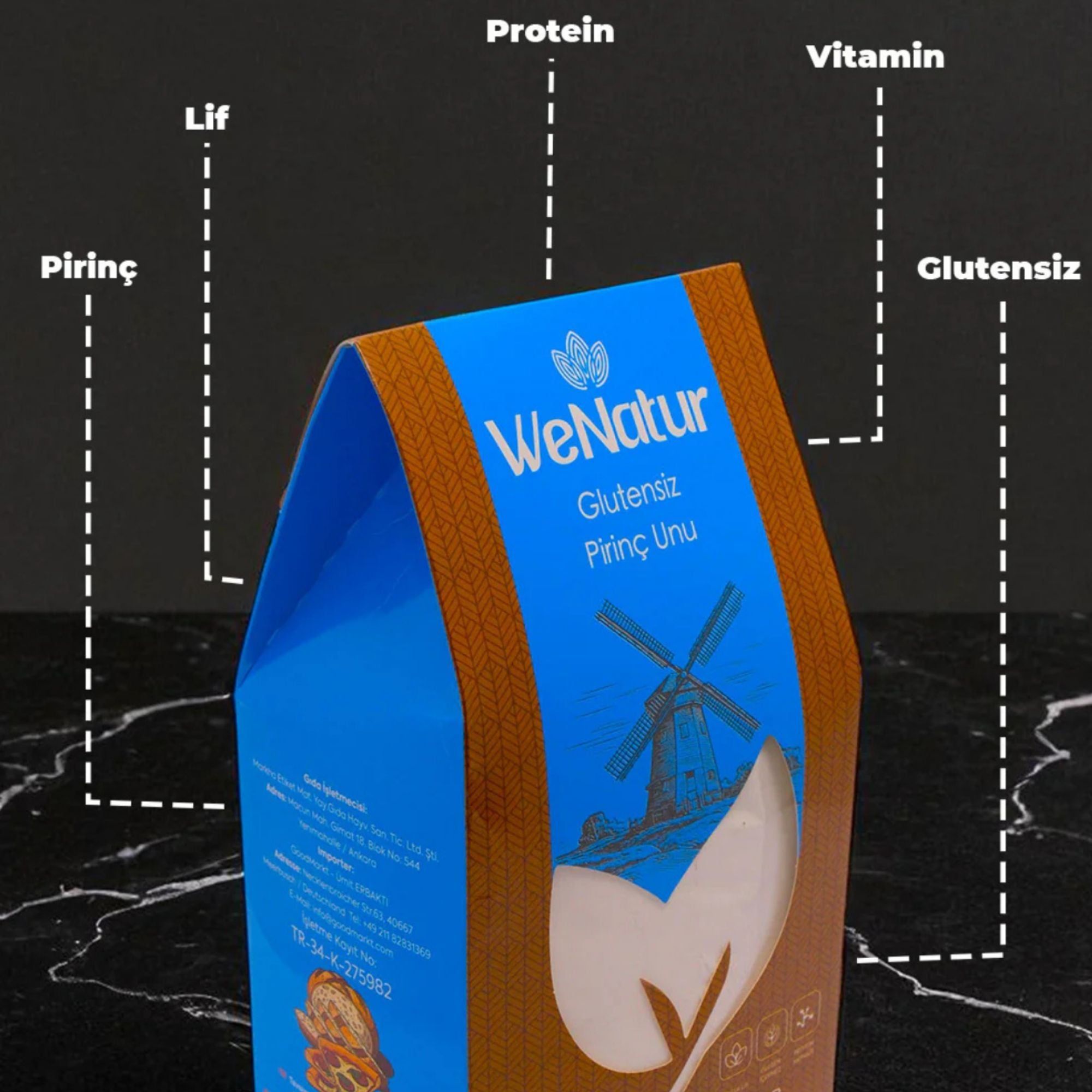 WeNatur glutenvrije rijstmeel met nadruk op rijst, vezels, eiwitten en vitaminen.