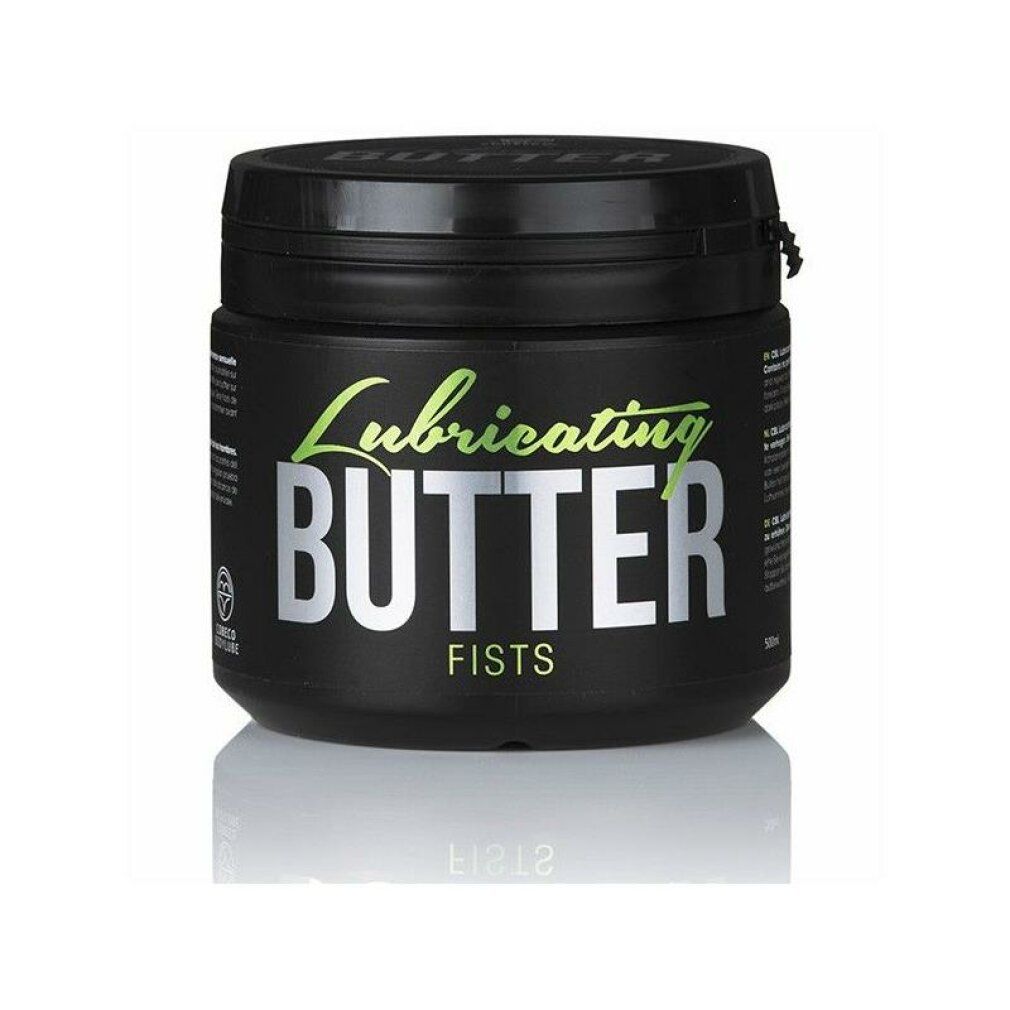 Zwarte pot met deksel. Opschrift: Lubricating BUTTER, FISTS. Groene en zilveren letters. Reflecterend oppervlak.