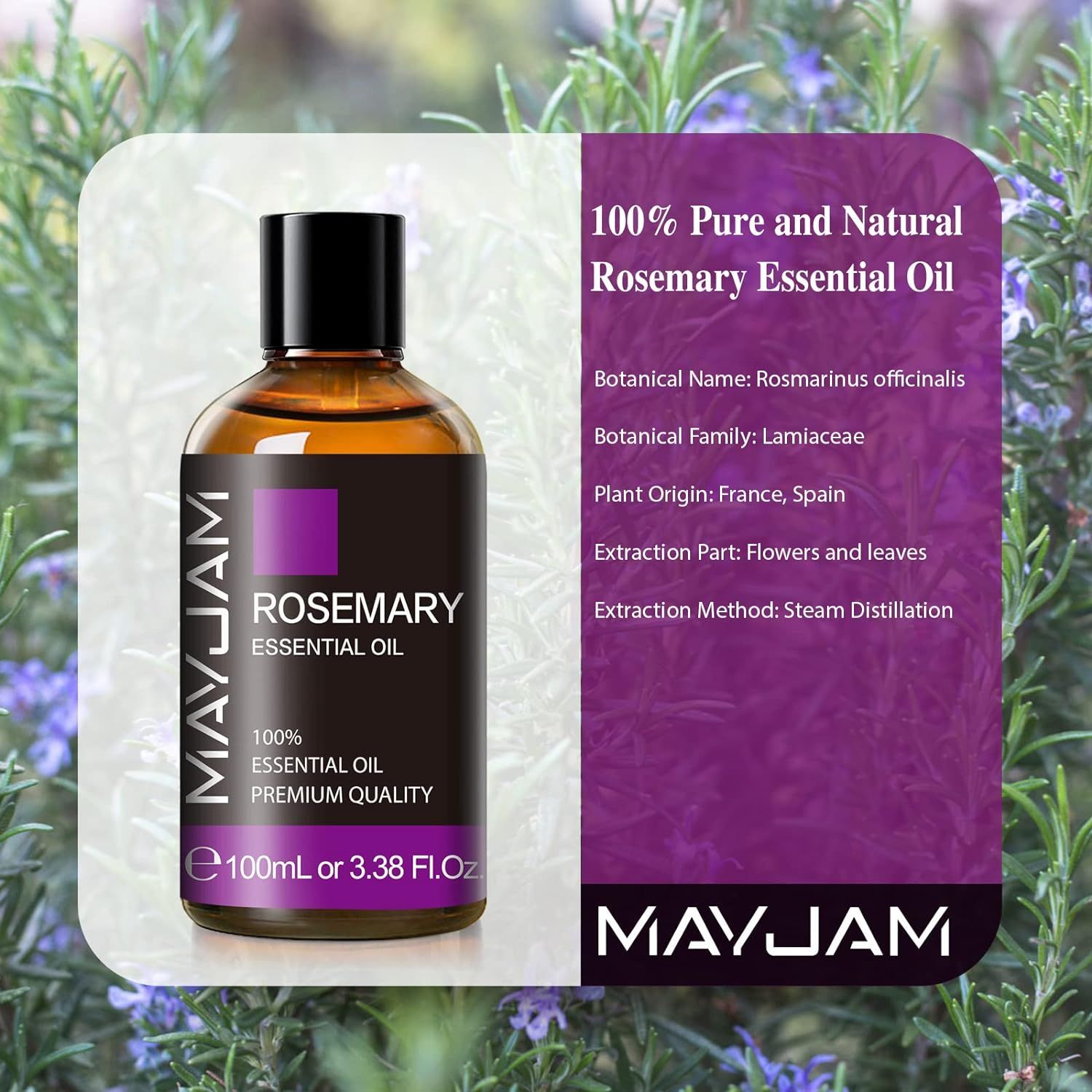 Bruine glazen fles met zwarte dop. Opschrift: MAYJAM, Rosemary Essential Oil, 100% Essential Oil, Premium Quality. Tekst: 100% Pure and Natural Rosemary Essential Oil.