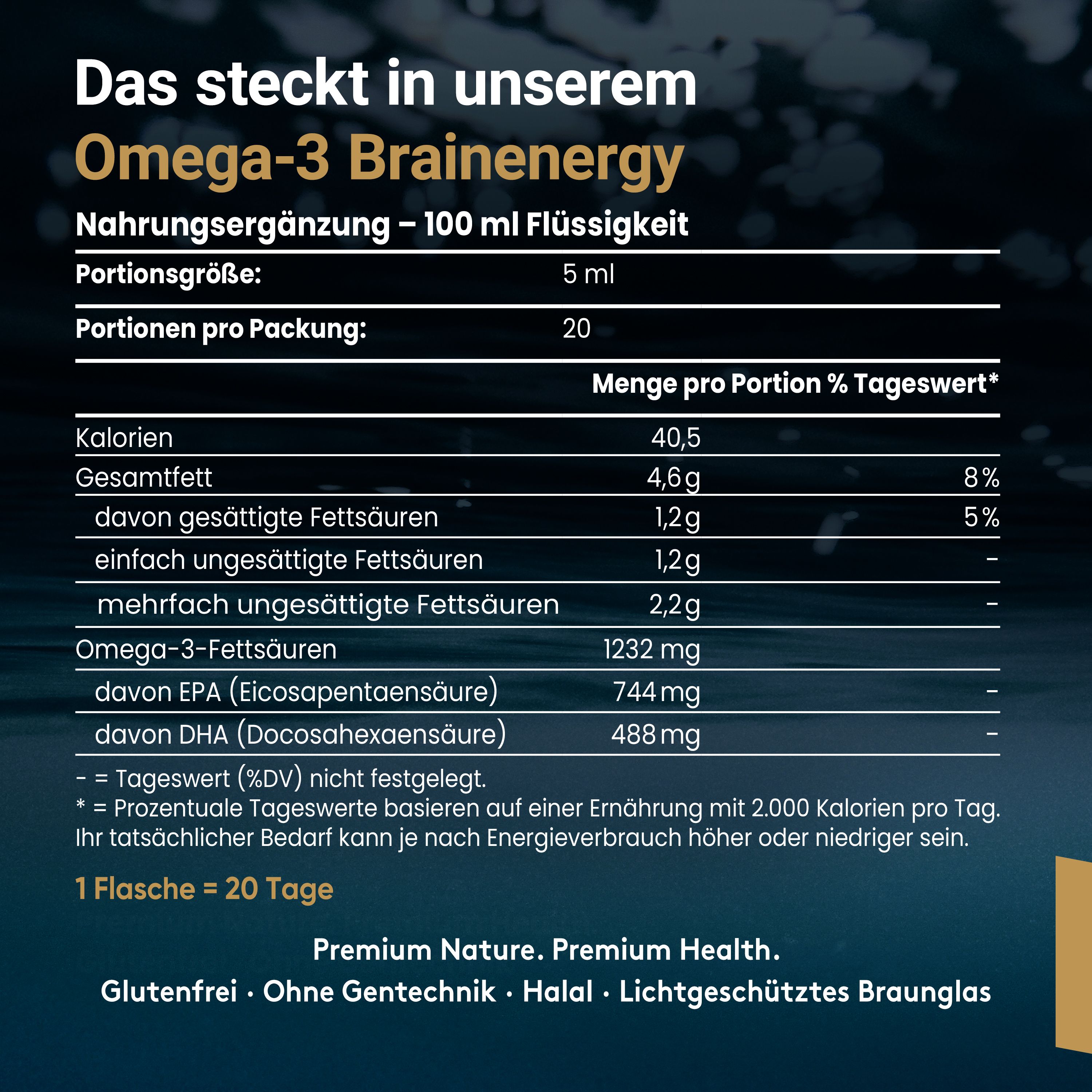 Tableau nutritionnel pour Doktor Health Omega-3 Brainenergy. Informations sur les calories, les graisses, EPA, DHA. 1 bouteille = 20 jours.