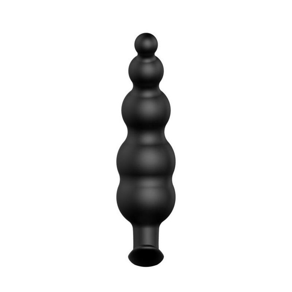 Plug anal en silicone noir, position verticale, avec extrémité sphérique.