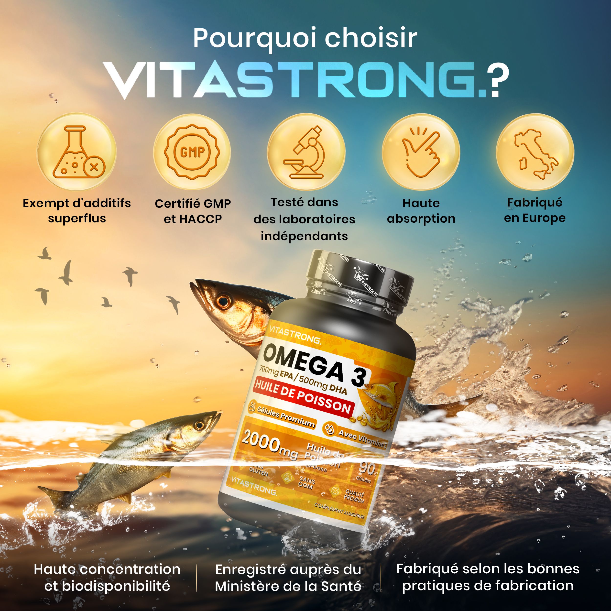 Fles Omega 3. Tekst: Vitastrong, 2000mg visolie, 90 capsules. Certificeringen en vissen.
