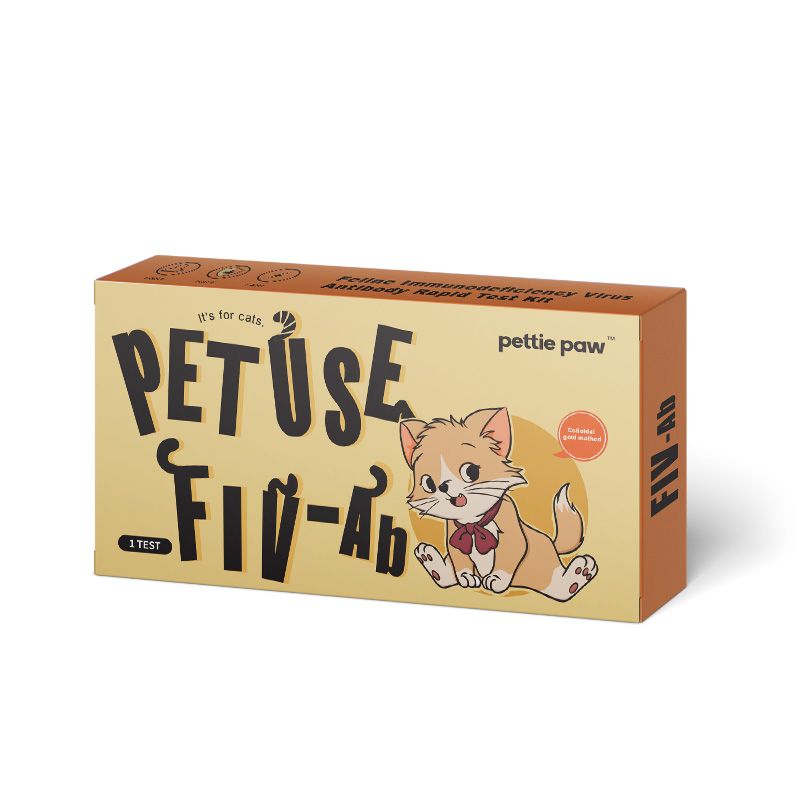 Boîte en carton avec l'impression PETuse FIV-Ab. Un chat est représenté sur l'emballage. Contient 1 test.