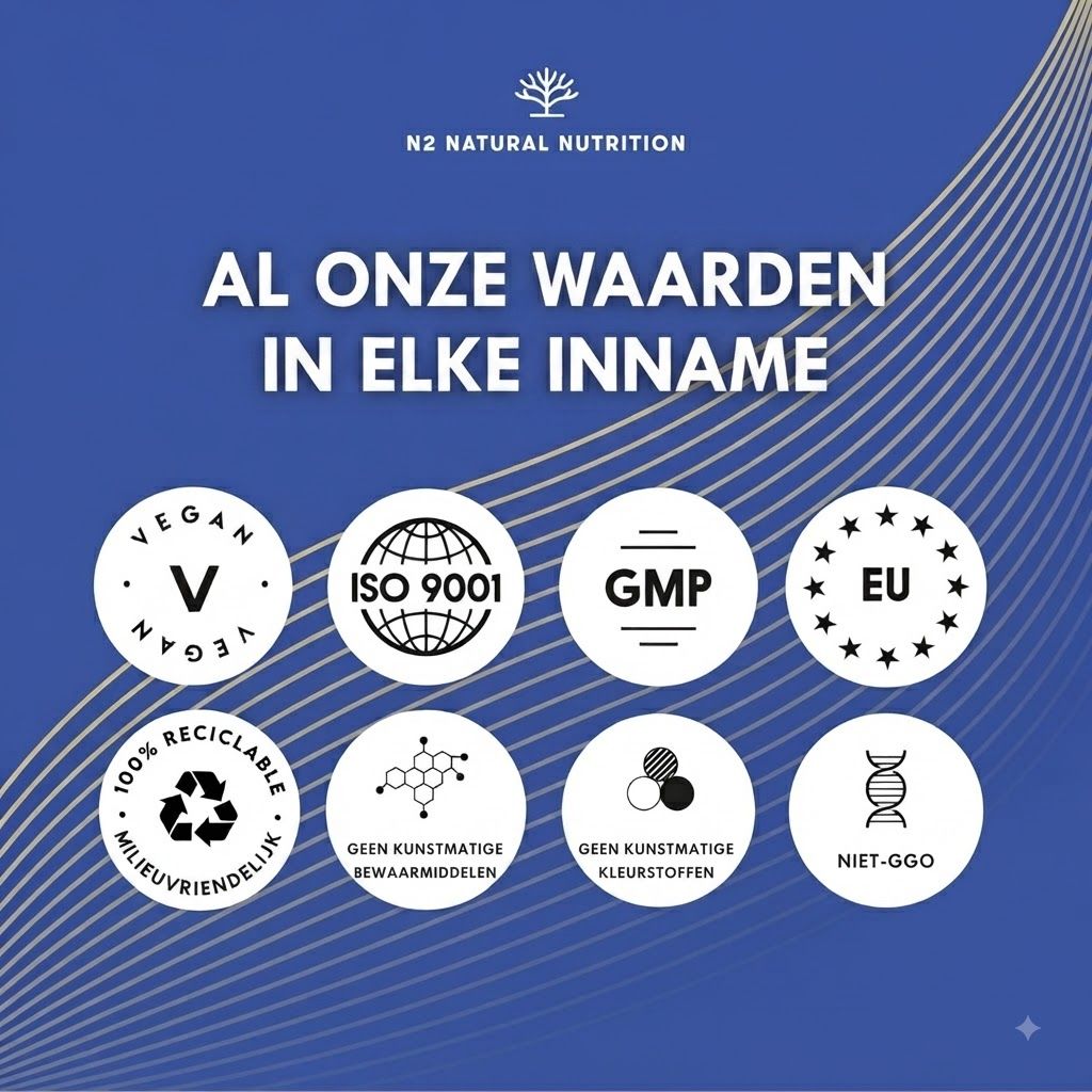 Logo's: Vegan, ISO 9001, GMP, EU, 100% recyclebaar, geen kunstmatige bewaarmiddelen, geen kunstmatige kleurstoffen, niet-GGO.