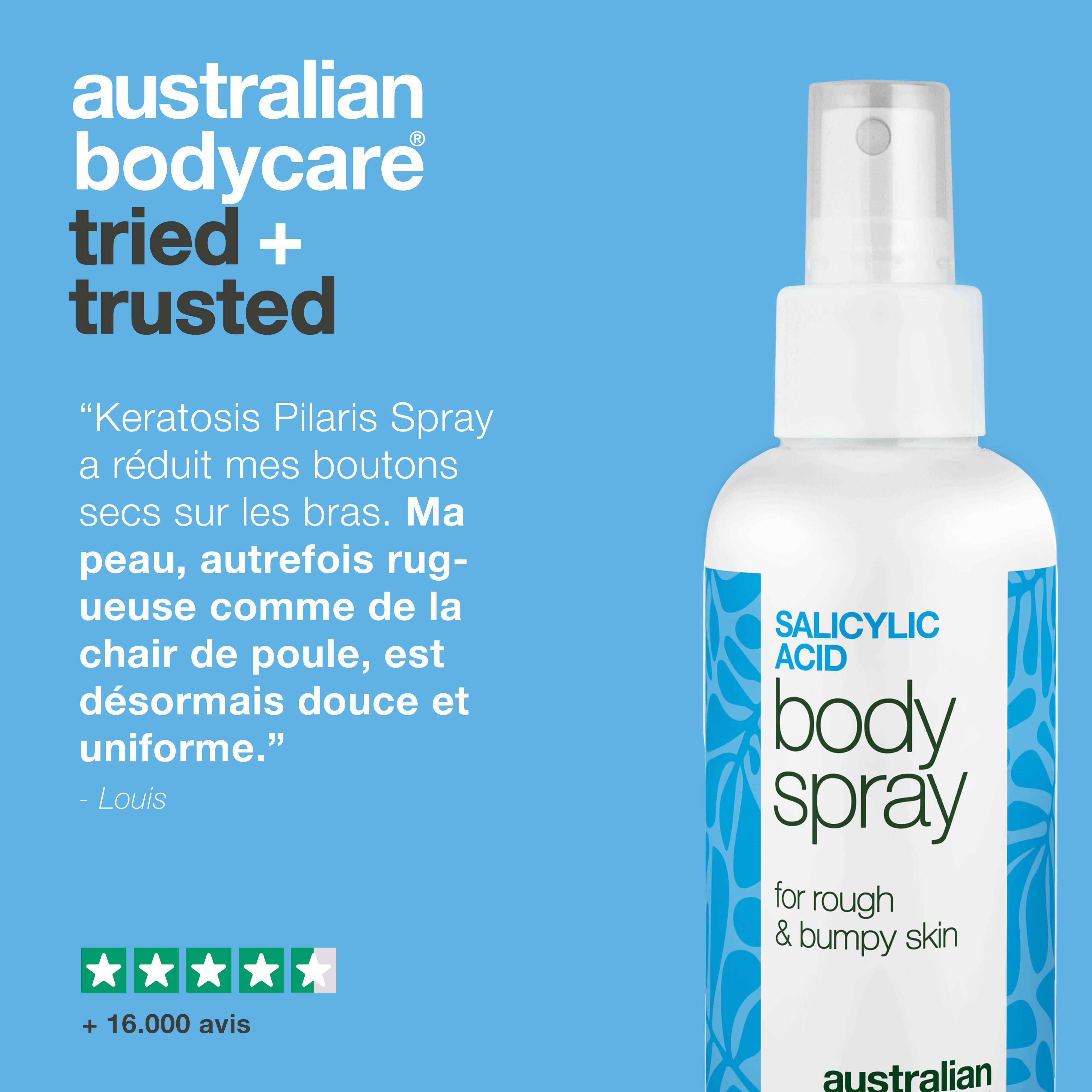 Produit à côté du texte : Le spray Kératose pilaire a amélioré ma peau. Rend la peau lisse et uniforme. Produit : Body Spray.