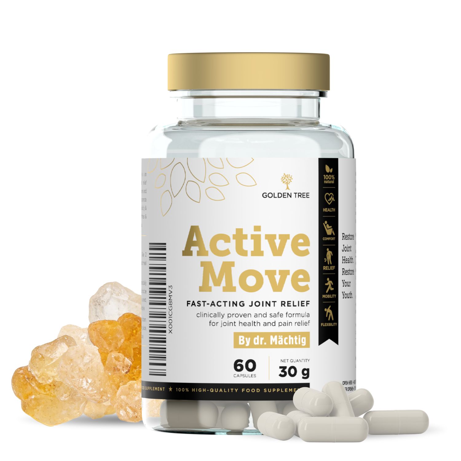 Bouteille de capsules Golden Tree Active Move, 60 pièces, 30g. Des cristaux de résine et des capsules sont à côté.