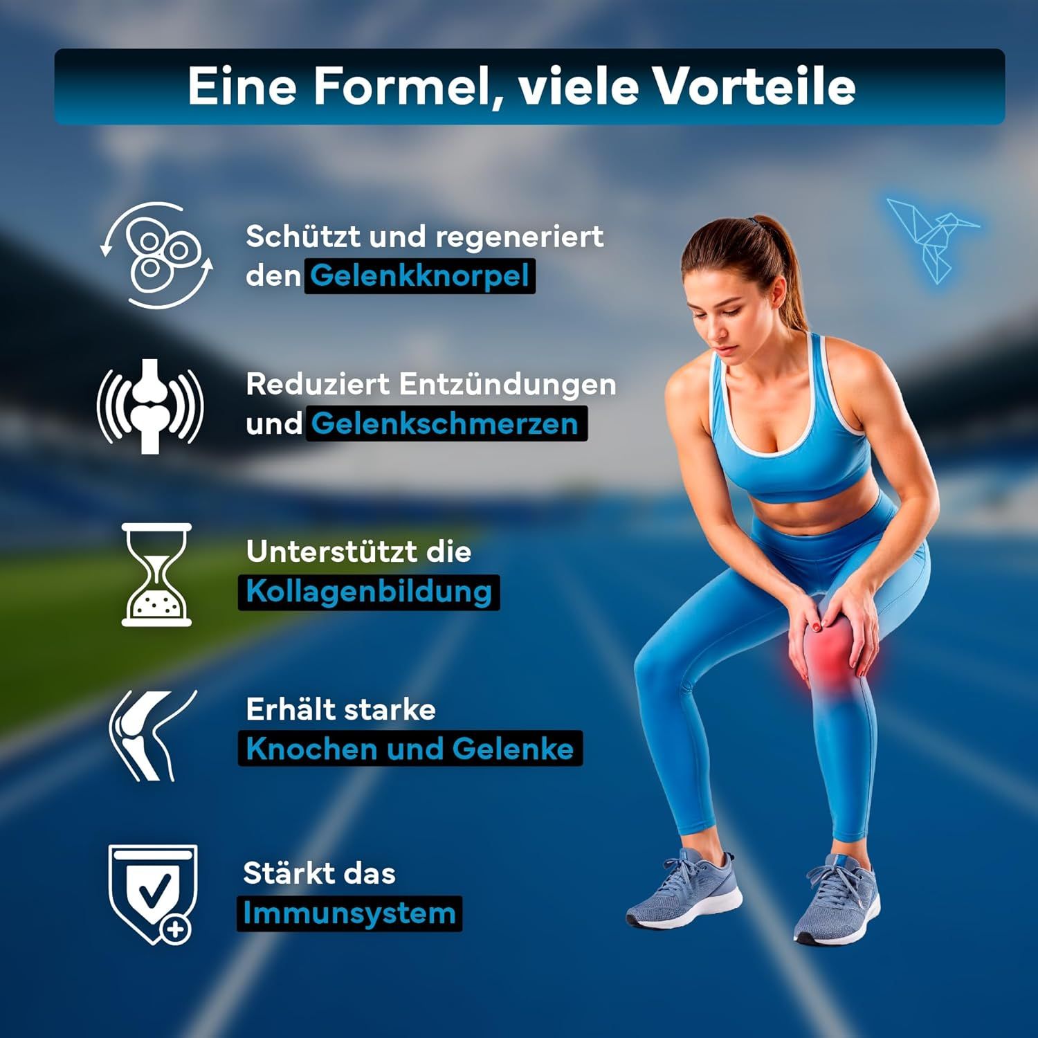 Femme en tenue de sport agenouillée sur une piste. À gauche, les avantages du SEVENS NUTRITION Glucosamine Complex sont listés.