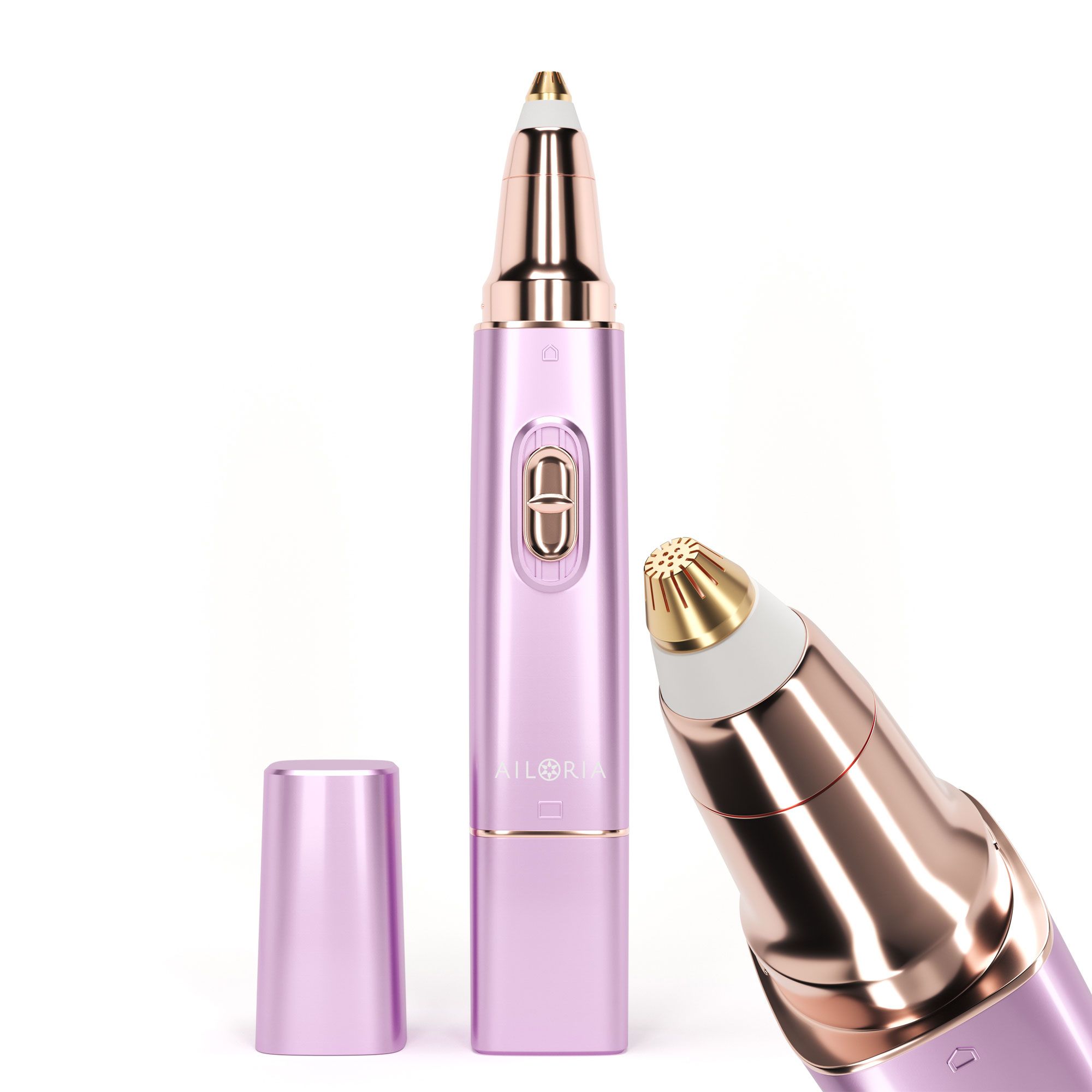AILORIA LIBERTY 2en1 Rasoir Lipstick. Appareil rose et doré avec capuchon retiré. Deux accessoires.