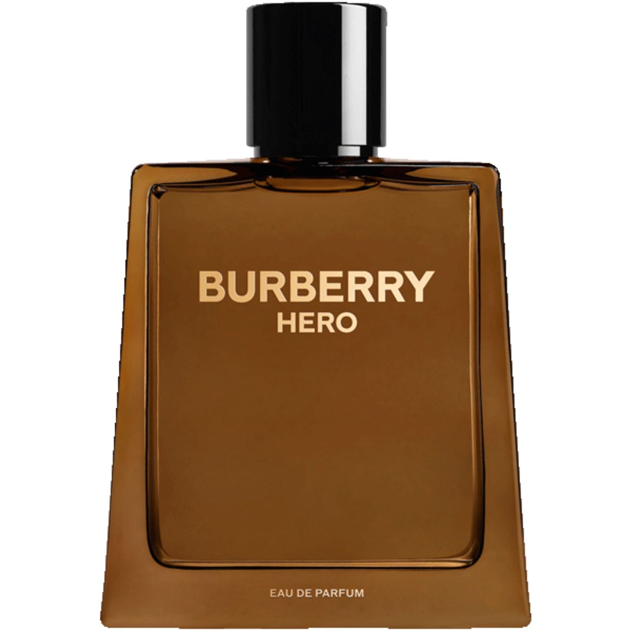 Burberry Hero E.d.P. Nat. Spray. Vierkante bruine fles, zwarte dop. Gouden belettering.