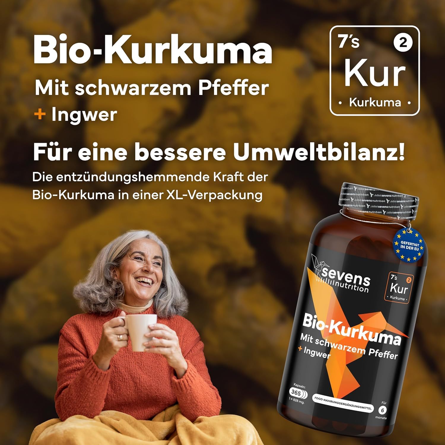 Vrouw met kopje naast een pot biologische kurkuma capsules (XL-verpakking).