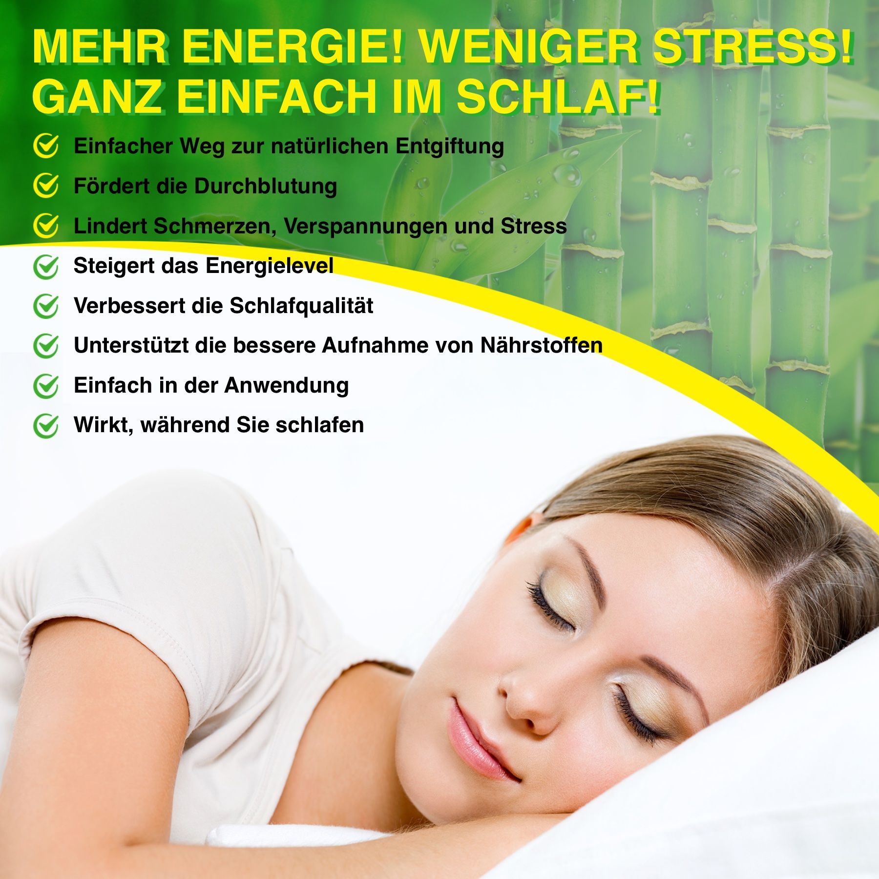 Femme endormie. Texte : Plus d'énergie ! Moins de stress ! Facilement pendant le sommeil ! Avantages du produit.