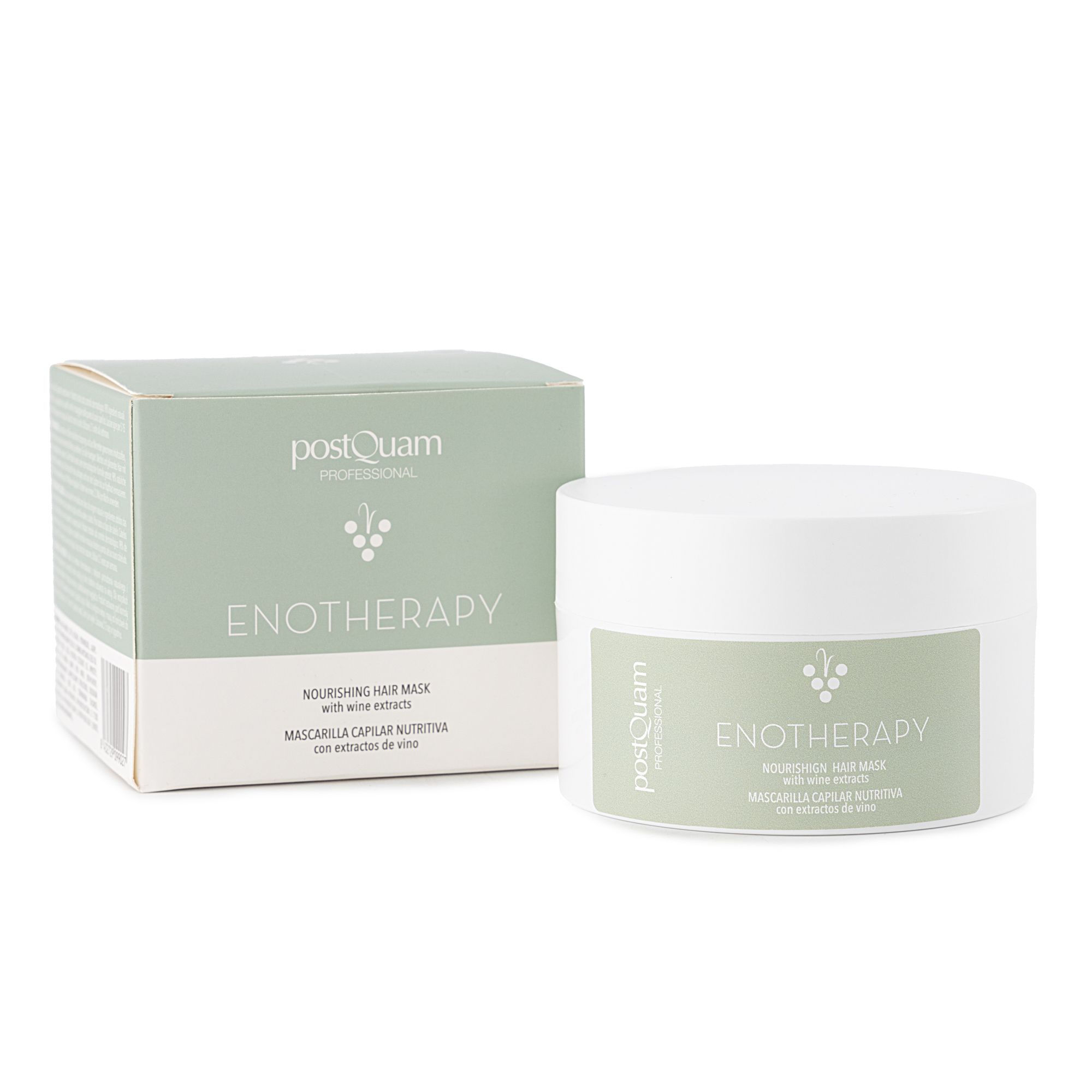 Masque capillaire en pot blanc et emballage. Inscription : Postquam, Enotherapy, Nourishing Hair Mask.