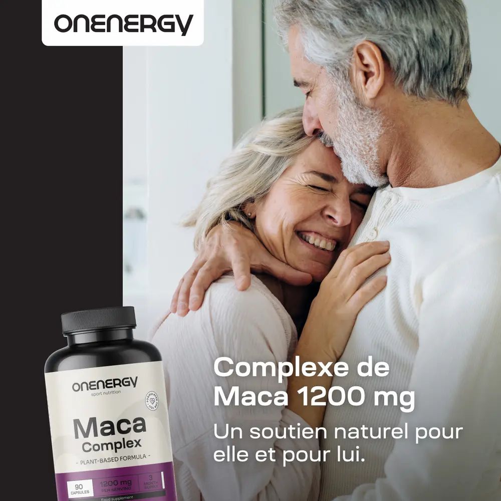 Complexe de Maca 1200 mg. Couple s'embrassant. Logo OnEnergy. Texte: Un soutien naturel pour elle et lui.
