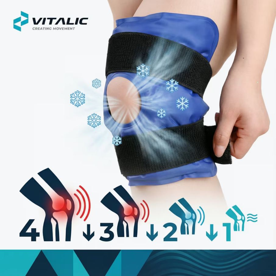 Genouillère bleue avec sangles noires. Logo VITALIC. Illustrations d'utilisation.