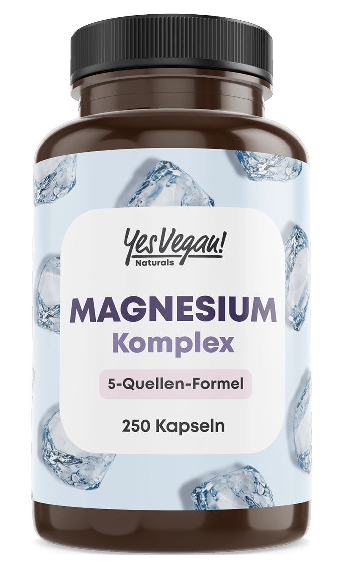 Flacon Magnésium Complexe, formule 5 sources, 250 gélules. Motif glaçons.