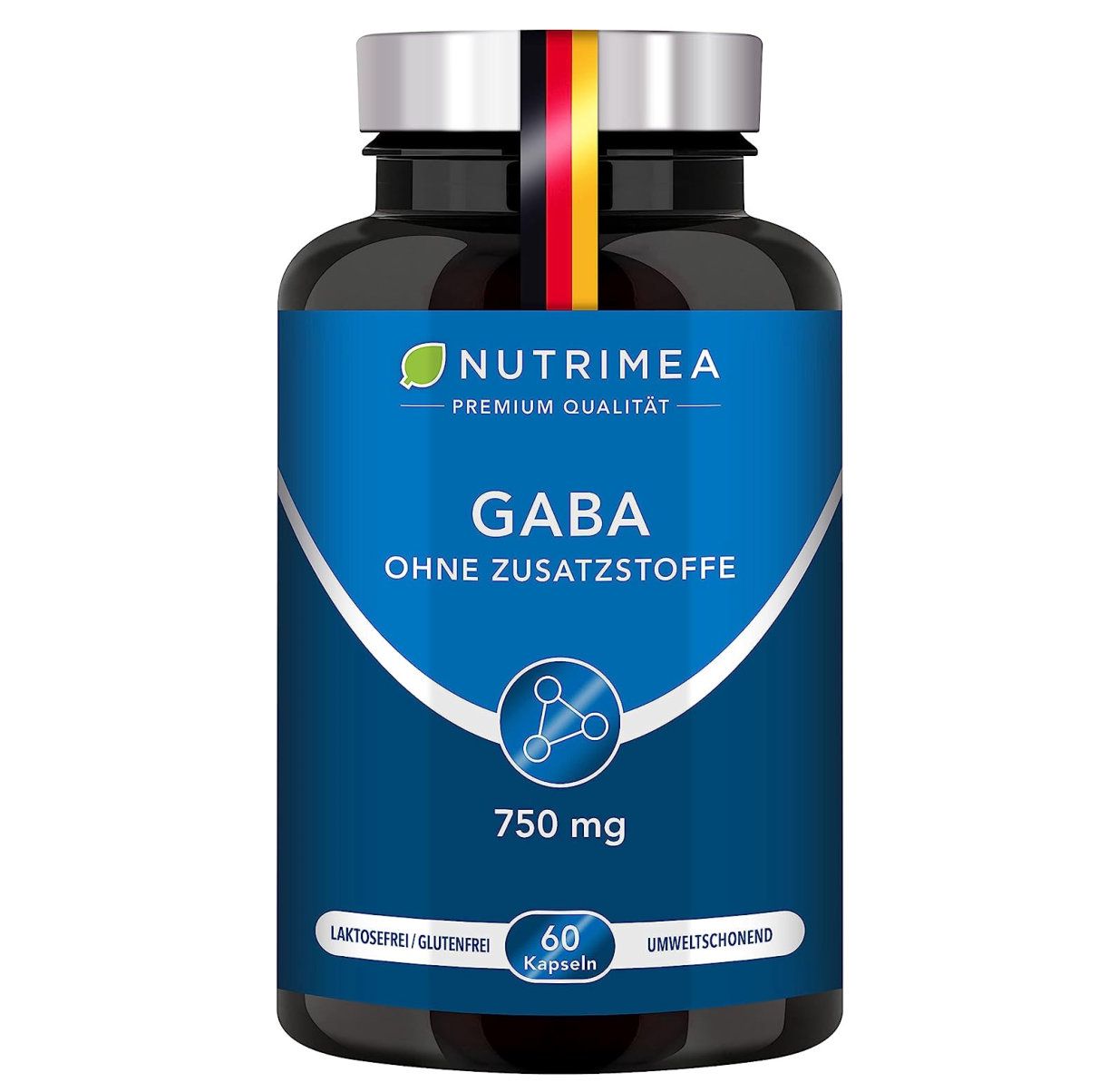 Donkere fles met capsules. Opschrift GABA, 750 mg, 60 capsules. Merk Nutrimea.