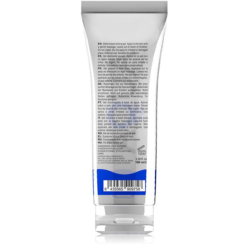 Arrière d'un tube de lubrifiant AQUA avec instructions d'utilisation multilingues.