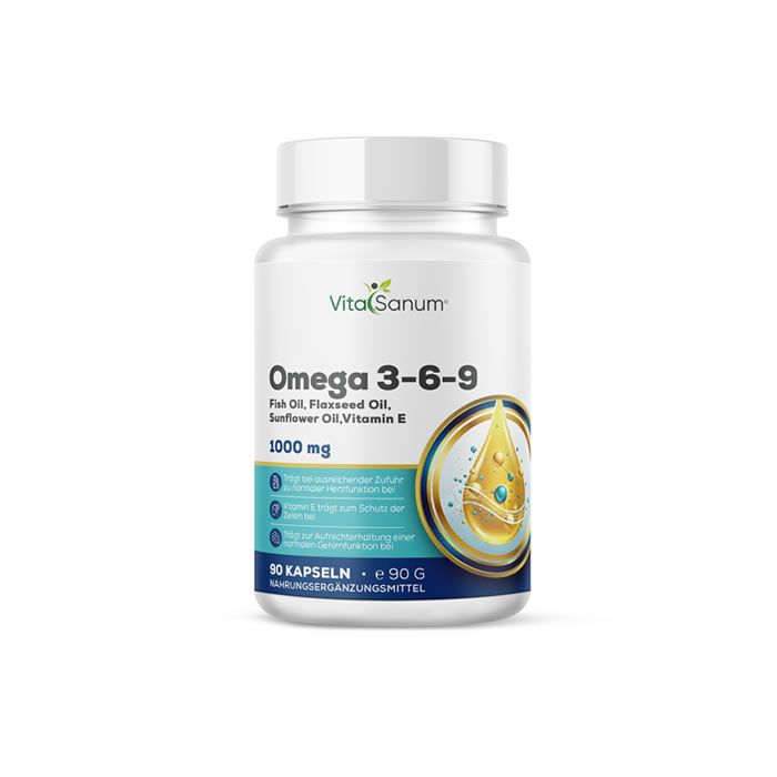 Witte fles VitaSanum Omega 3-6-9 capsules. Opschrift: 1000 mg, 90 capsules. Geel druppelsymbool.